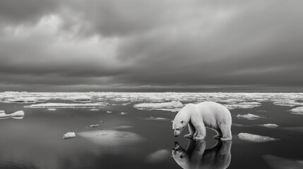 Solitary polar bear in monochrome arctic seascape