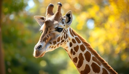 Obraz premium Giraffe Portrait in Nature with Yellow Leaves