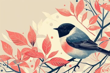 Bird in wild nature illustration. Wildlife bird sitting on tree branch morning beauty. Generate ai