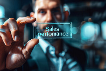 A man in a business suit hold transparent card with sign "Sales perfomance" AI generative