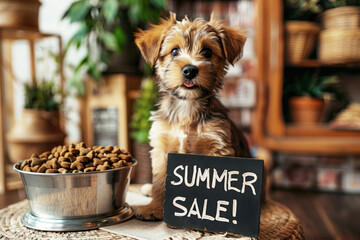 Bowl of dog food, "Summer Sale"  text with kitten on background. Sale concept for petshop. AI generative
