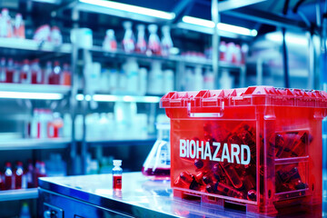 Red container with medical waste and biohazard warning sign in laboratory. AI generative