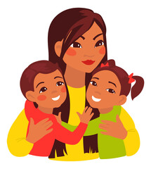 Happy mother with kids. Loving parent hug childs