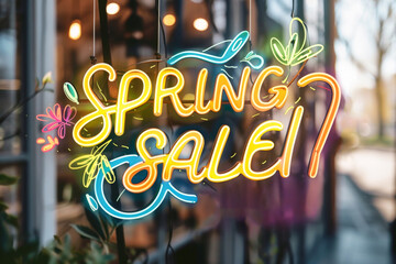Neon "Spring Sale"  text on the street. AI generative	