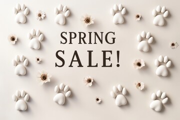 "Spring Sale"  text with Footprints on white background. Sale concept for petshop. AI generative