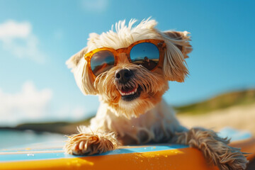 A happy dog in sunglasses dog relaxing on the beach. Generative AI