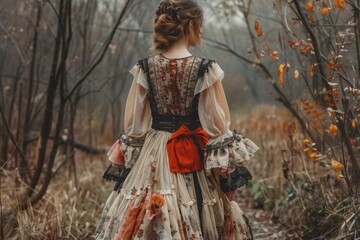 A beautiful woman in mystery dress in forest. whimsical aesthetic. AI generative