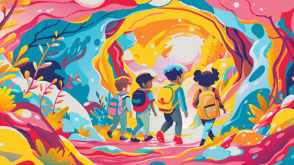 Vibrant Adventure: Children Exploring a Colorful Fantasy Landscape