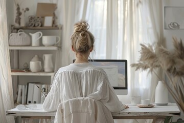 A photo of a person working in a comfortable home office setup. AI generative
