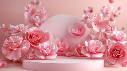 Floral background with pink roses and a podium for displaying products or cosmetics. Suitable for Valentine's Day, Easter, Women's Day, or Mother's Day.