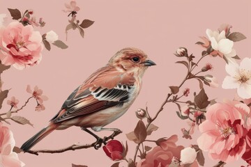 Bird pink floral. Holiday chick. Generate Ai