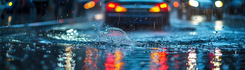 Street water runoff on a rainy day, cars splashing through, vivid city lights reflecting on wet surfaces,