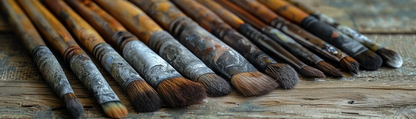 Traditional fine art tools array, horsehair and bamboo brushes for watercolor painting, textured...