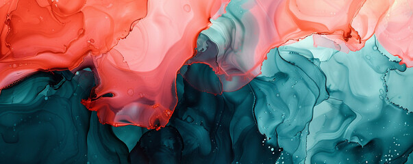Bright coral and dark teal abstract painting, alcohol ink with oil paint texture.