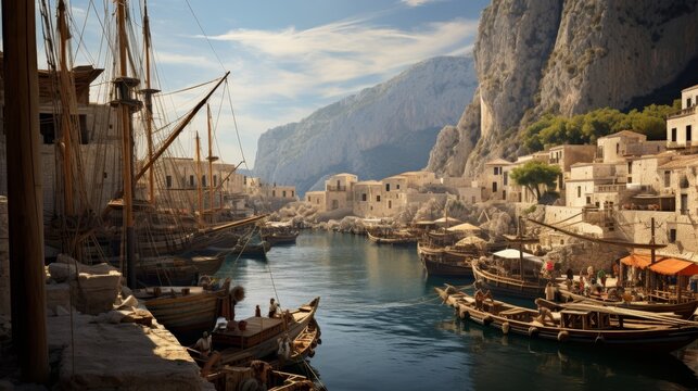 Bustling ancient Greek harbor merchants sailors loaded triremes