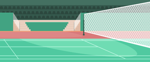 Vector illustration of a tennis court with a transparent net and stadium seating, in a flat graphic style on a green and red background, concept of sports. Vector illustration © GN.STUDIO