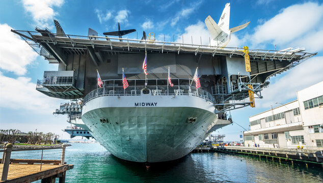 American flags at the stern of the USS Midway in San Diego, California