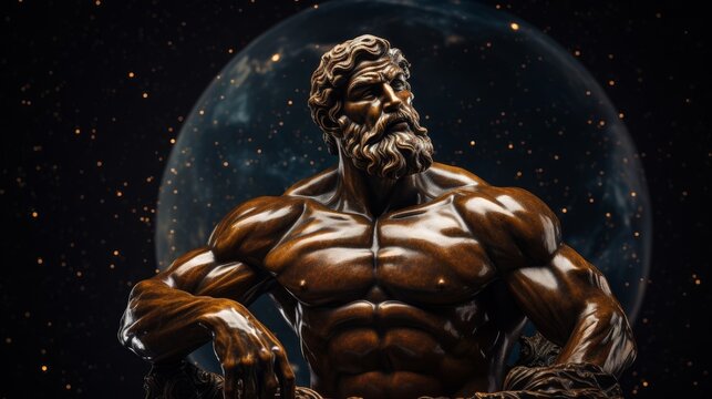 Awe-inspiring statue of Titan Atlas holding celestial globe among stars