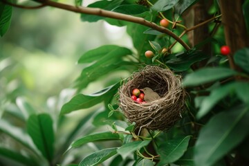 Birds couple sitting nest nature scene. Natural wildlife shot of birds in twig house. Generate ai