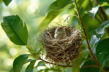Birds sitting in wild tree nest. Wild flying creatures in home made with branches and twigs. Generate ai
