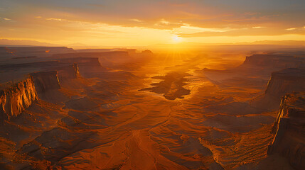 A photo featuring a majestic desert landscape at sunset. Highlighting the shifting sands and dramatic hues of twilight, while surrounded by distant mesas