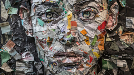 A womans face creatively crafted from various pieces of paper, showcasing the intricate details and textures of the collage