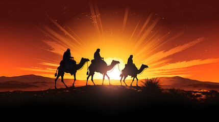 A silhouette of three camels with the sun behind them