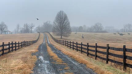   A field shrouded in fog, flanked by a dirt road and a wooden fence Birds soar overhead