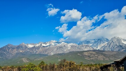 Scenic view of Blue Moon Valley and Jade Dragon Snow Mountain in Lijiang, China