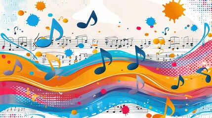   Colorful music background with paint splashes on sheet music notes in foreground