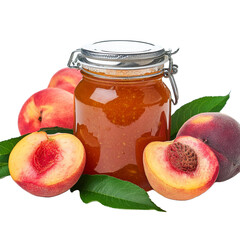 A jar of peach jam surrounded by fruits on a transparent background