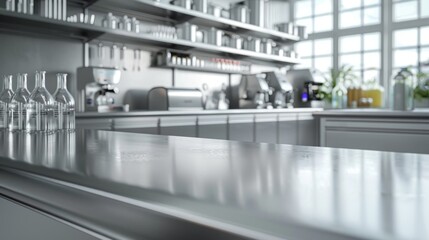 Fototapeta premium a modern laboratory with stainless steel countertops and shelves adorned with beakers and test tubes, showcasing scientific research and testing