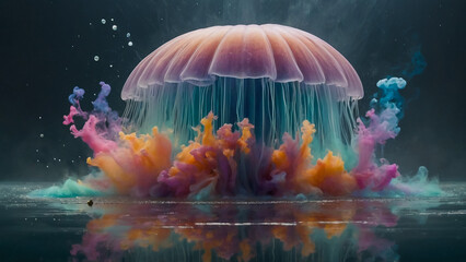 Colorful paint drops from above mixing in water. Ink swirling underwater
