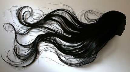  A woman's head with long black hair styled in a sleek and elegant manner