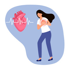 Woman with heart attack symptom in flat design. Heart disease concept.