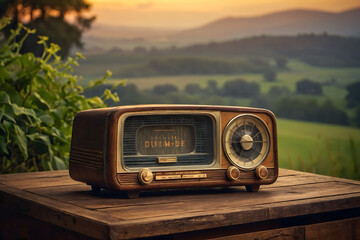 A vintage radio with a country side background