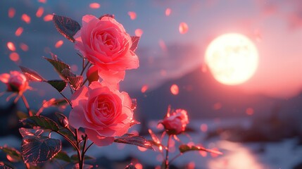   Three pink roses bloom in front of a full moon and a pink sky, with a few pink flowers in the foreground - Powered by Adobe