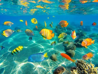 A group of colorful fish swimming in the ocean. The fish are of various colors, including yellow, orange, and blue. The scene is lively and vibrant, with the fish moving gracefully through the water