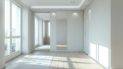 Fototapeta premium modern wardrobe concept, a sleek white wardrobe with a mirror on its door adds a touch of minimalist elegance to a modern interior design