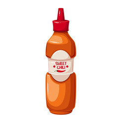 Chili pepper sauce bottle, cartoon plastic jar with Sweet chili text on label. Red container with squeeze lid, cartoon spicy liquid chilli product for food flavoring in package vector illustration