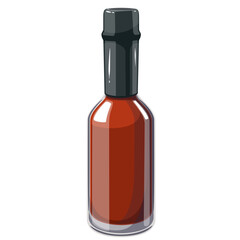 Tomato or chili spicy sauce in cartoon glass bottle. Blank package of ketchup product with black cap, pepper and spices, cartoon chilli sauce in flask for junk food and snacks vector illustration