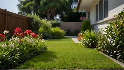 a photo of a green grass cut short front yard garden tall flowers and jasmine, in the background, X-T5 23MM, shallow depth of field