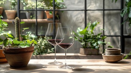   Two glasses of wine rest on a table before a potted plant and cactus