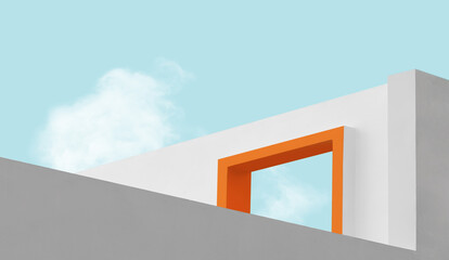 Minimal Abstract Architecture White Cement Wall Corners Design Background.Exterior building structure with orange frame,grey wall against clear blue sky,cloud,Concrete texture in perspective geometric