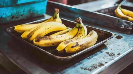   A cluster of bananas resting atop a metal dish on a stovetop near a skillet