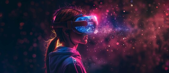 Woman wearing a VR headset pink and blue nebula background, space themed style futuristic style, AI technology virtual reality digital tech glasses industry