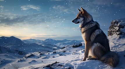 Naklejka premium An image of a wolf sitting on a mountain peak in the darkness of night