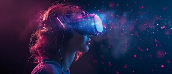 Woman wearing a VR headset pink and blue nebula  background, space themed style futuristic style, AI technology virtual reality digital tech glasses industry