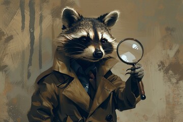Detective Raccoon With Magnifying Glass - obrazy, fototapety, plakaty