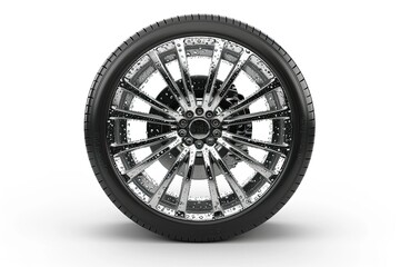 luxury car tire with elegant silver velg and droplets of water isolated on white background